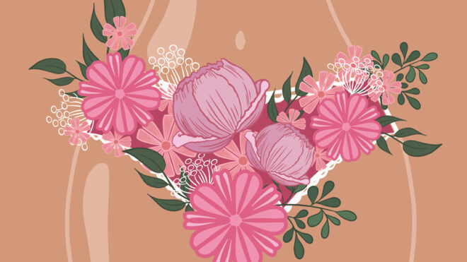Part of a female body in panties made of flowers. The concept of women's health, beauty, femininity. vector illustration