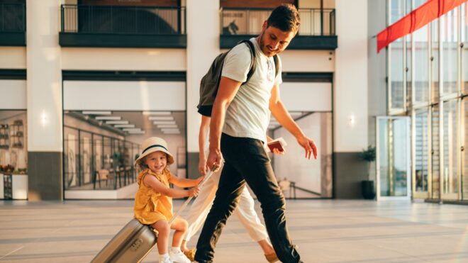 Family travel in an airport