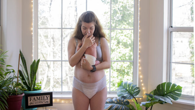 Mother with a newborn baby. Postpartum. Fourth trimester. Body positivity. Postpartum body. Preemie baby, labia after childbirth